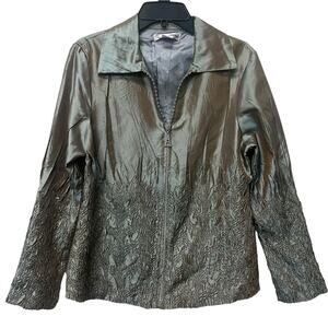 General Apparel Sz Large Green Bling Zip Jacket Top Crinkle Texture Evening